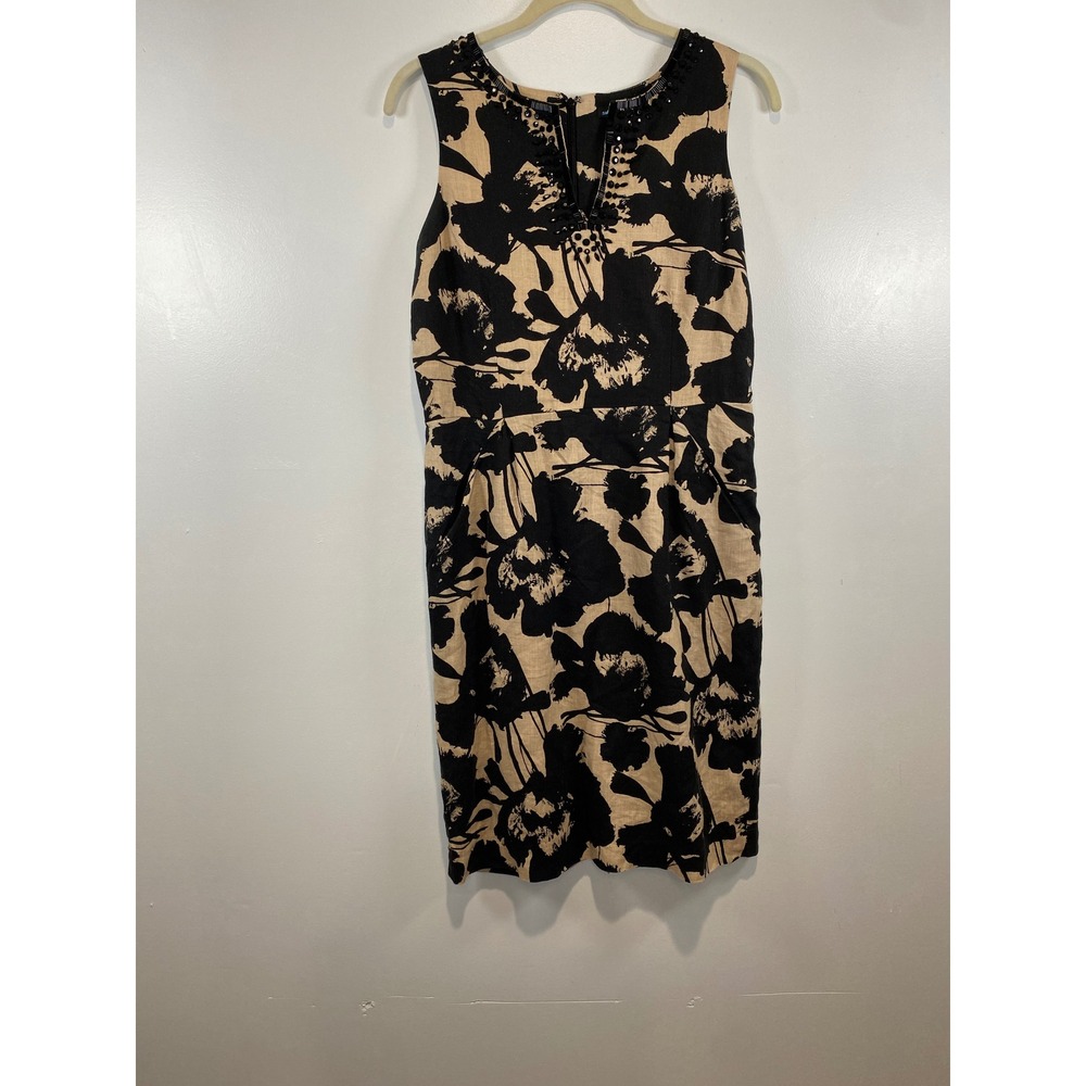 Saint Tropez West Linen Dress Floral Beaded Sleeveless Casual Size 10